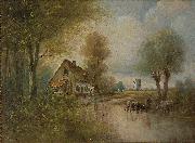 unknow artist, Landscape with cows small farm and windmill